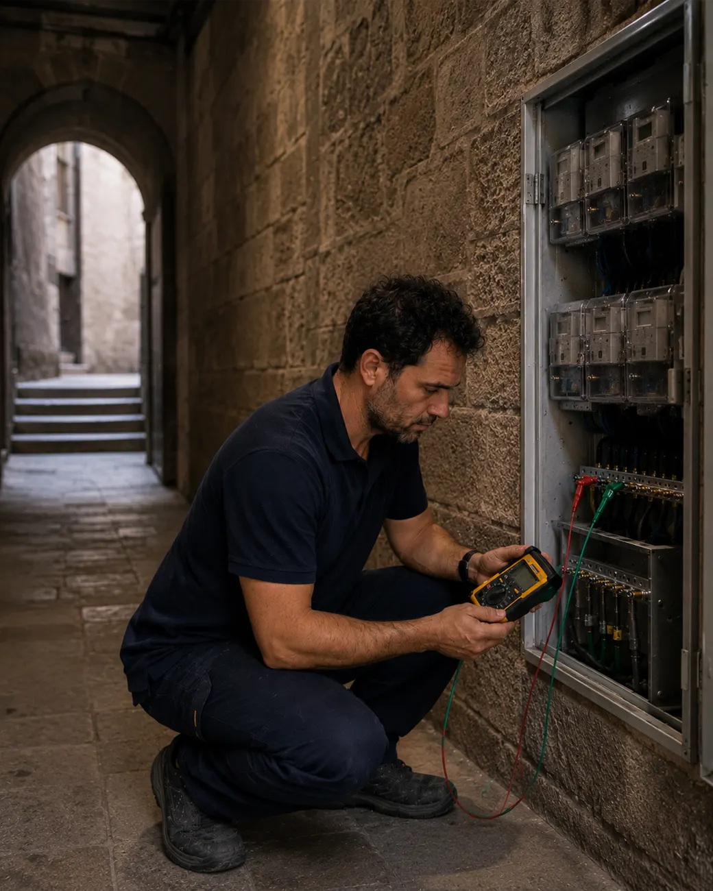 Instalador de toma de tierra en el Barrio Gótico, Barcelona