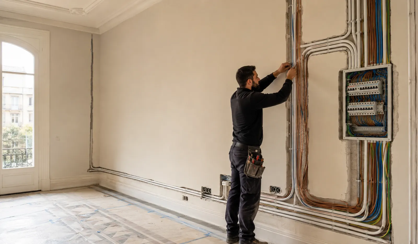 Instalación de cableado eléctrico con líneas para iluminación, enchufes y climatización en Eixample