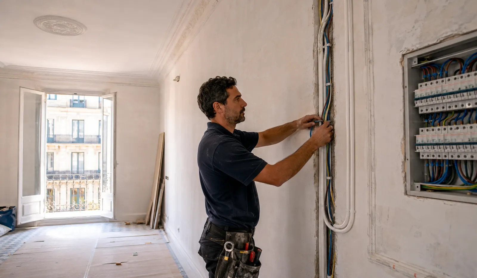Instalación de cableado eléctrico nuevo durante reforma integral de vivienda en Eixample Barcelona