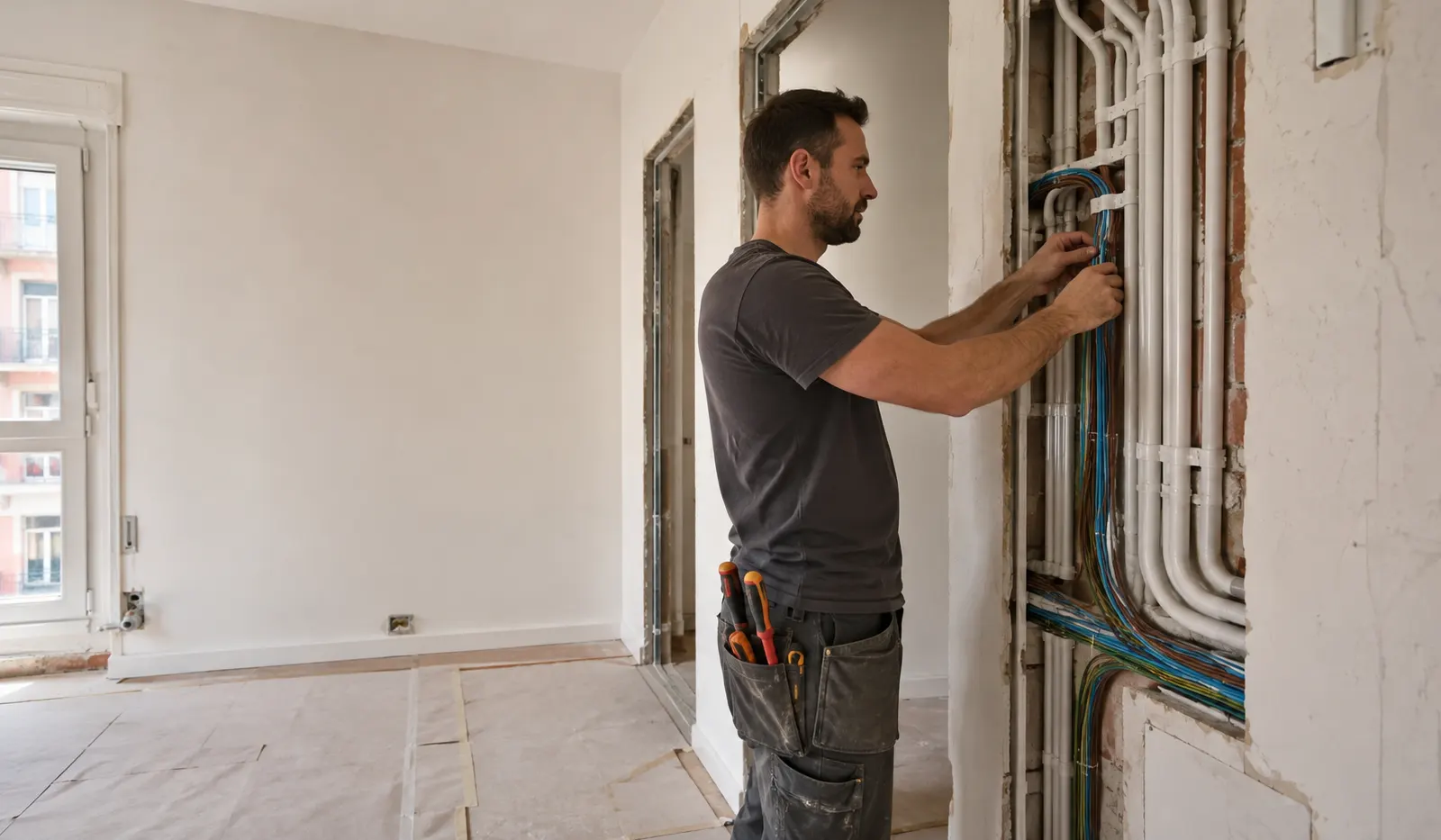 Instalación de cableado eléctrico nuevo durante reforma integral de vivienda en Sants-Montjuïc Barcelona