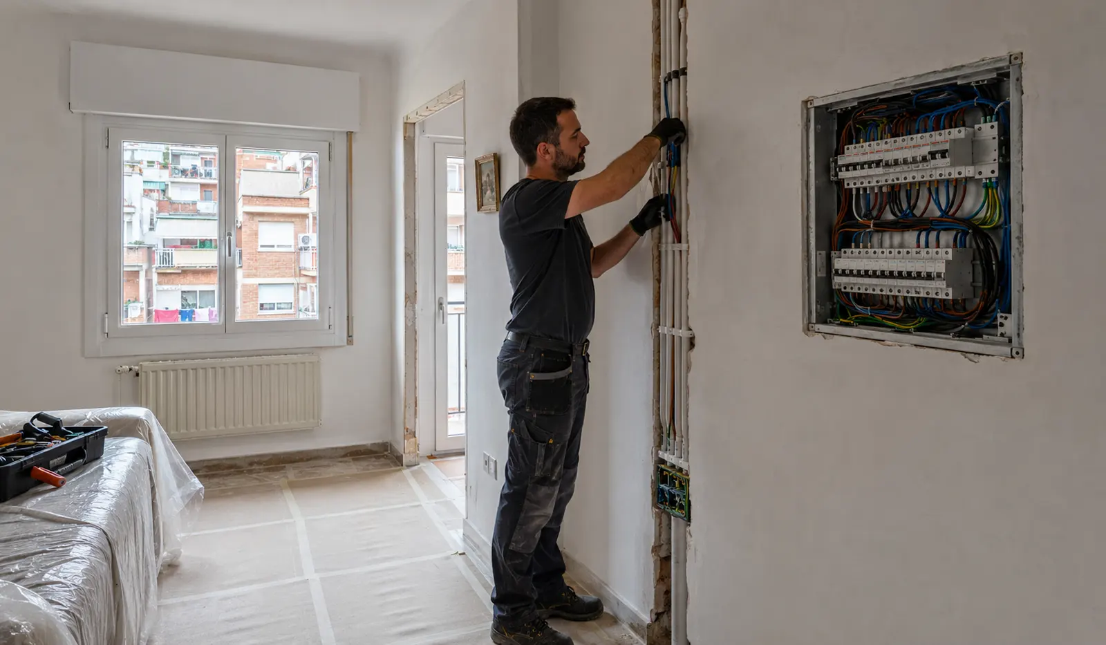 Instalación de cableado eléctrico nuevo durante reforma de piso en Sant Andreu Barcelona