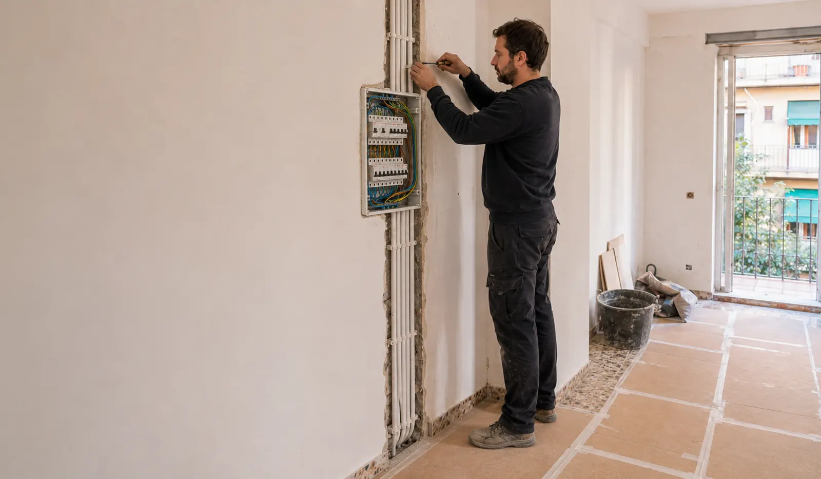 Instalación de cableado eléctrico nuevo durante reforma de piso en Sants-Montjuïc Barcelona
