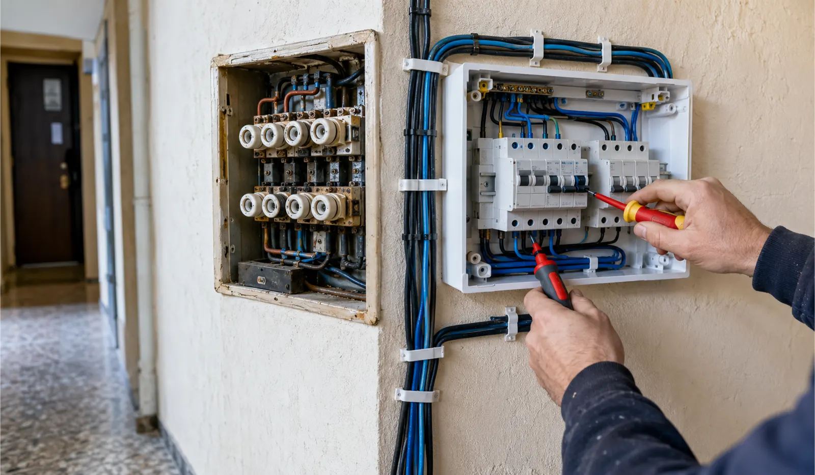 Electricista cambiando un cuadro eléctrico antiguo en Hospitalet de Llobregat