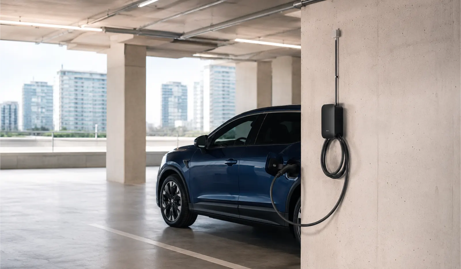 Cargador de coche eléctrico terminado en parking residencial de Diagonal Mar