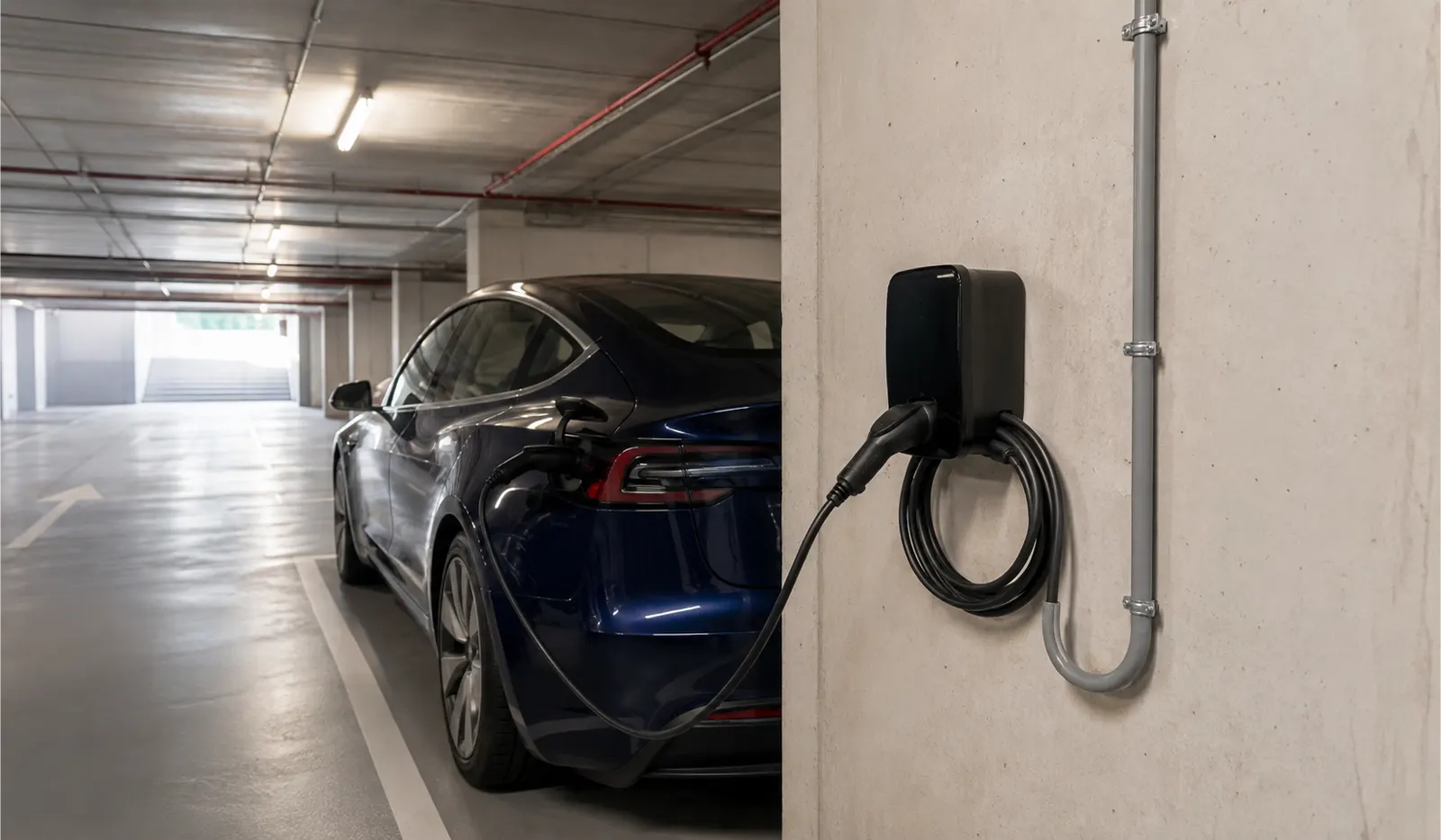 Cargador de coche eléctrico instalado en plaza de garaje residencial de Les Corts