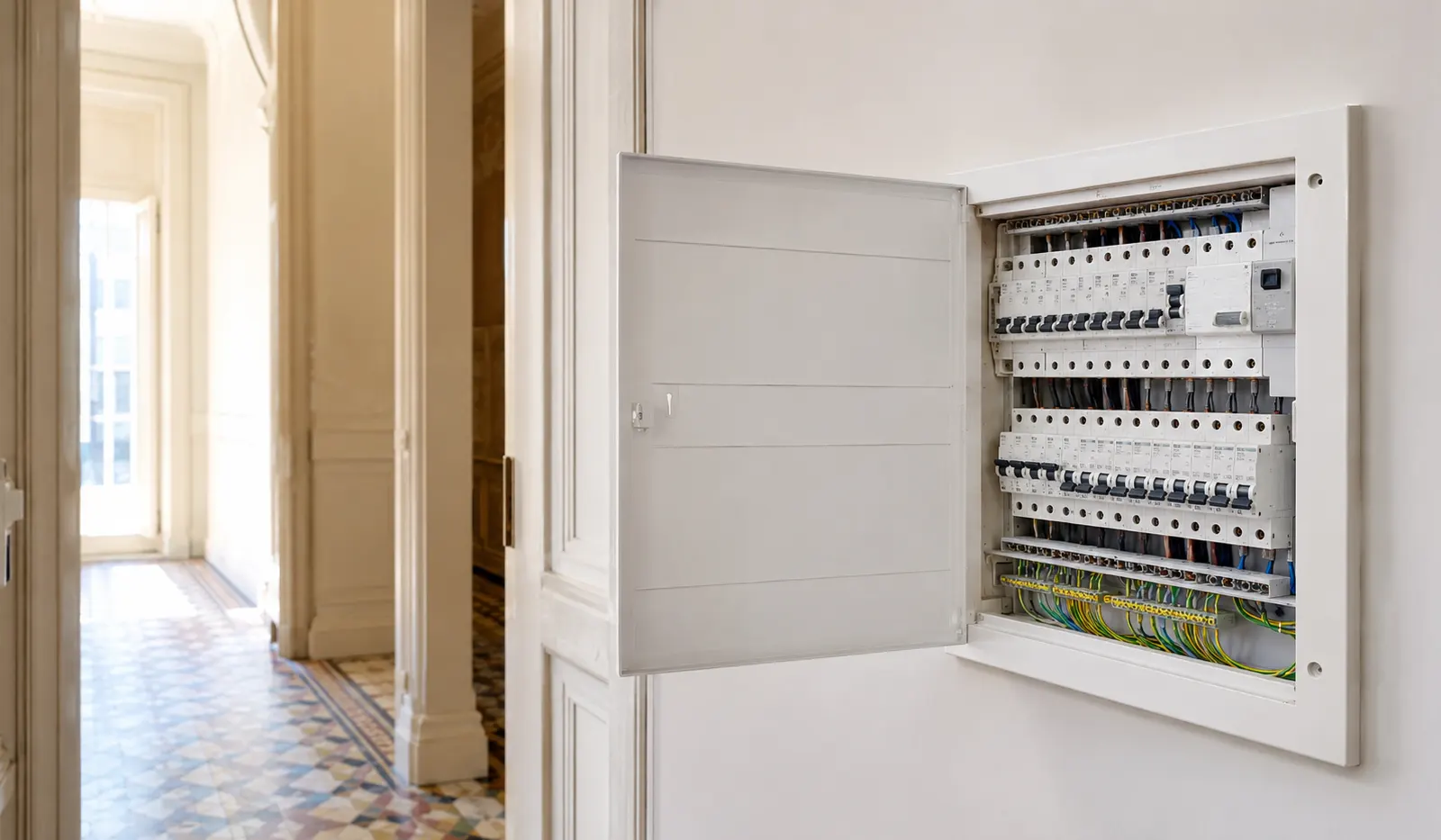 Cuadro de cableado eléctrico con protecciones y circuitos de climatización en local del Eixample