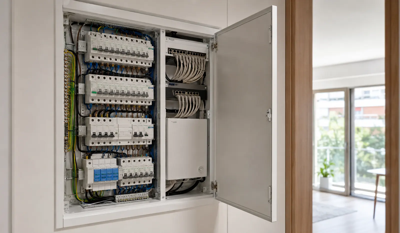 Cuadro de cableado eléctrico y de datos con protecciones en oficina de Les Corts