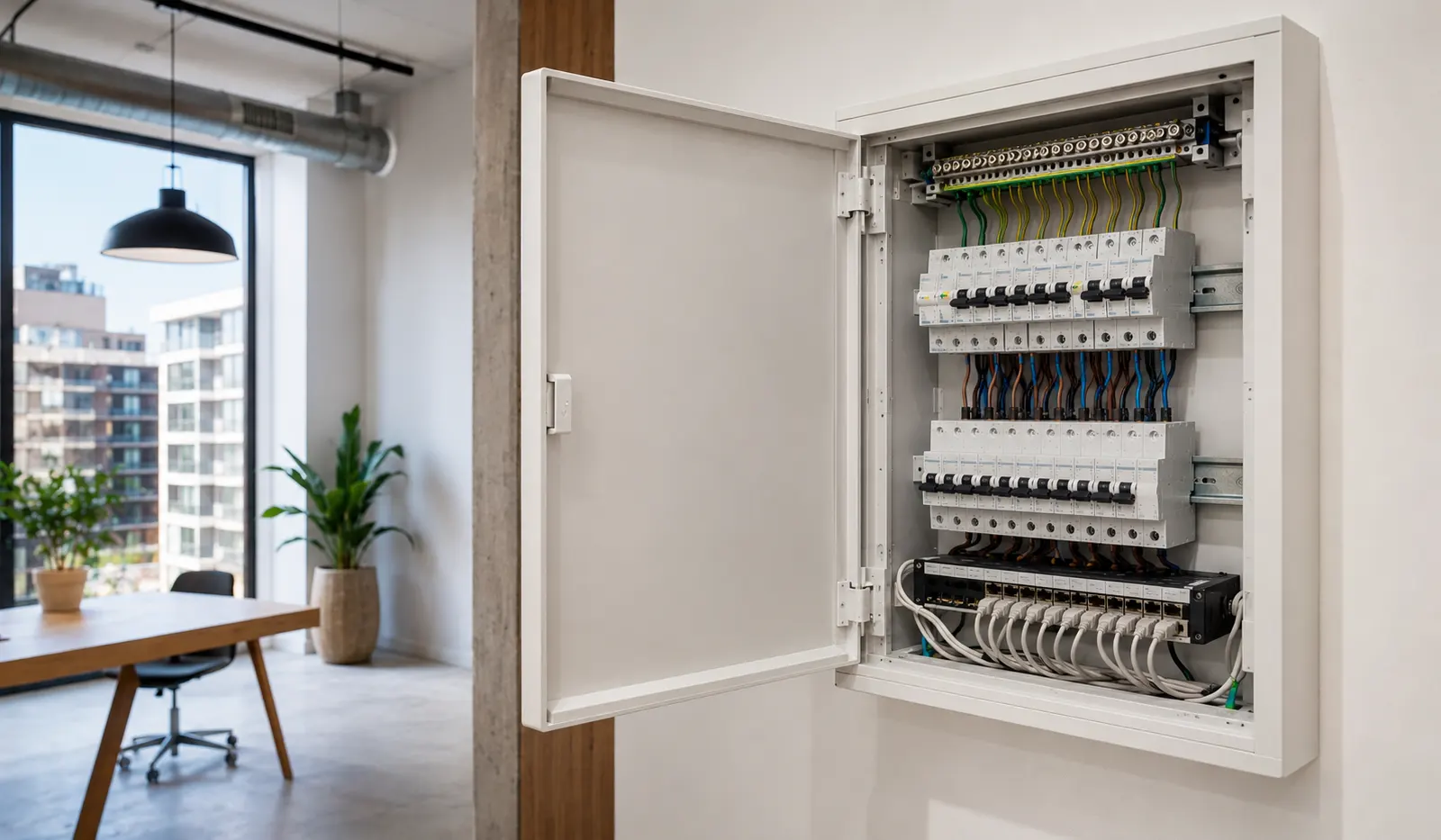 Cuadro de cableado eléctrico y de datos con protecciones en oficina de Sant Martí