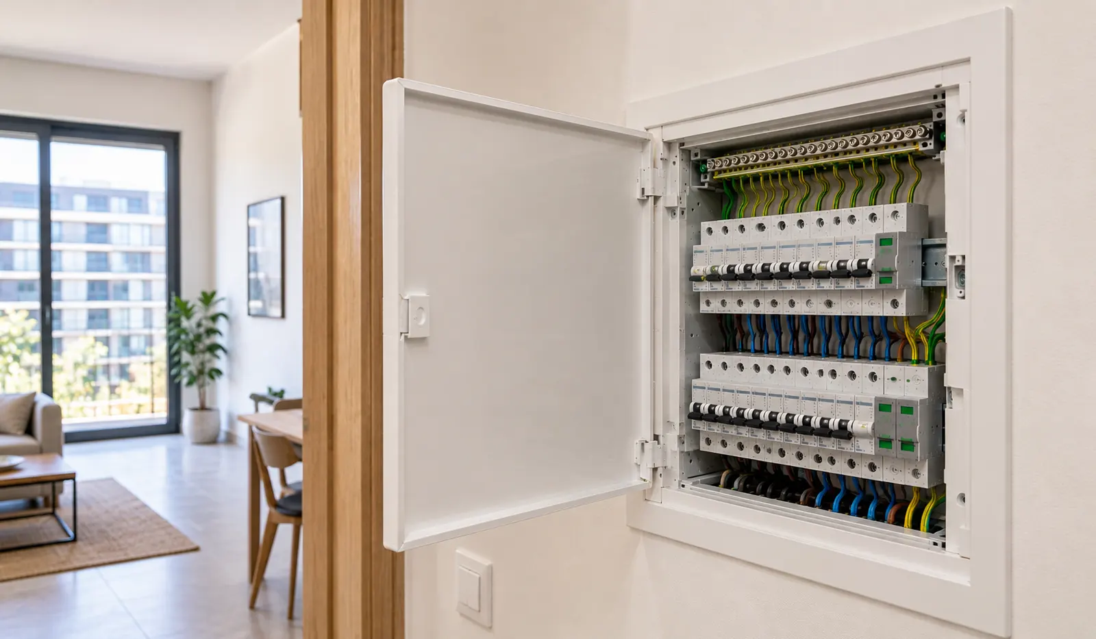 Cuadro de cableado eléctrico con protecciones y toma de tierra en vivienda nueva de Sants-Montjuïc