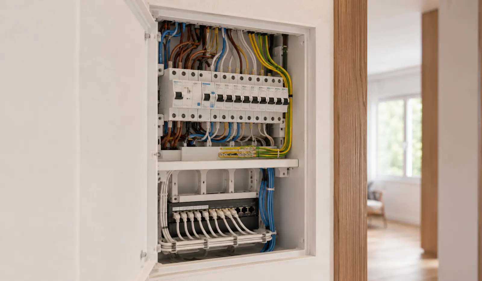 Cuadro de cableado eléctrico y de datos con protecciones en oficina de Sarrià-Sant Gervasi