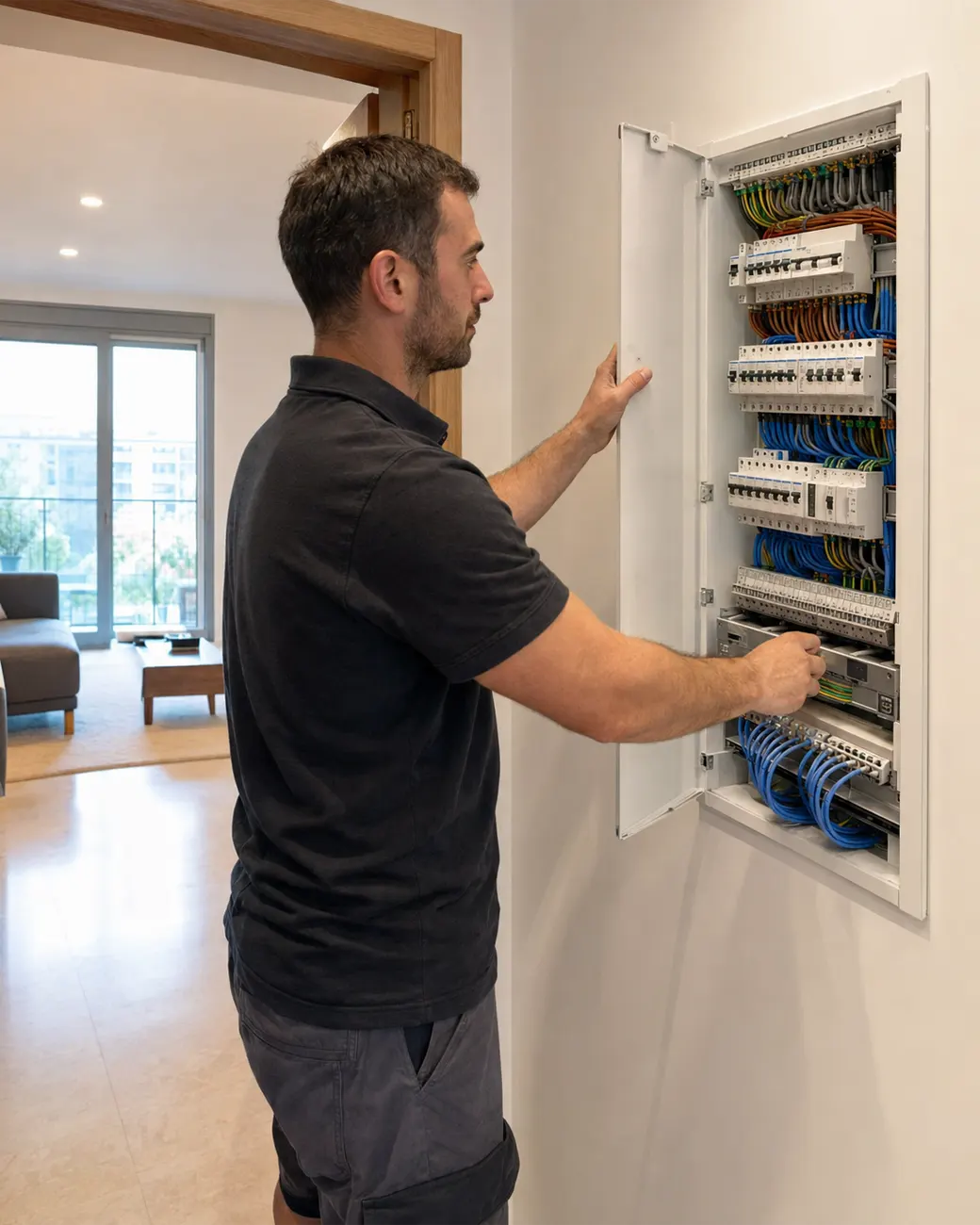 Electricista instalando cableado eléctrico y de datos en vivienda de Les Corts Barcelona