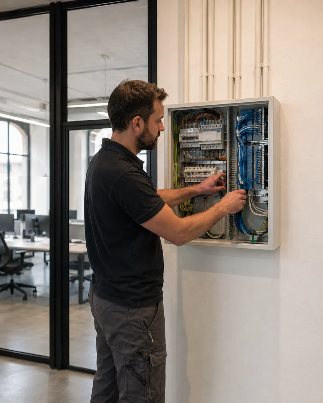 Electricista instalando cableado eléctrico y de datos en oficina de Sant Martí Barcelona
