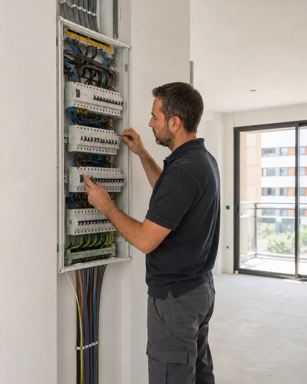 Electricista instalando cableado eléctrico y cuadro en vivienda de obra nueva de Sants-Montjuïc