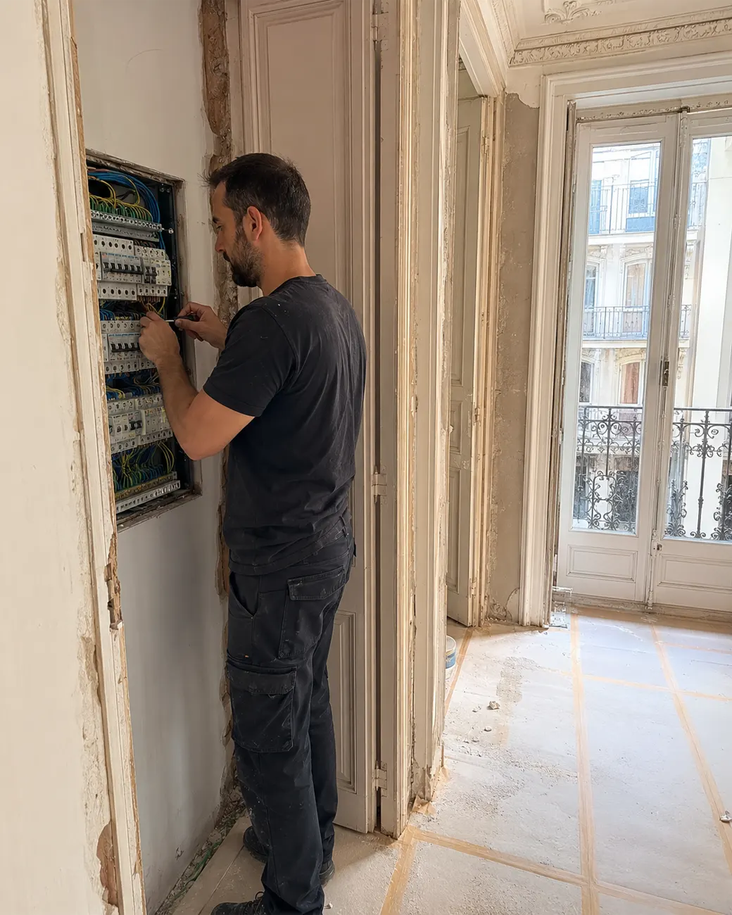Electricista instalando cuadro eléctrico completo a altura de trabajo en piso del Eixample