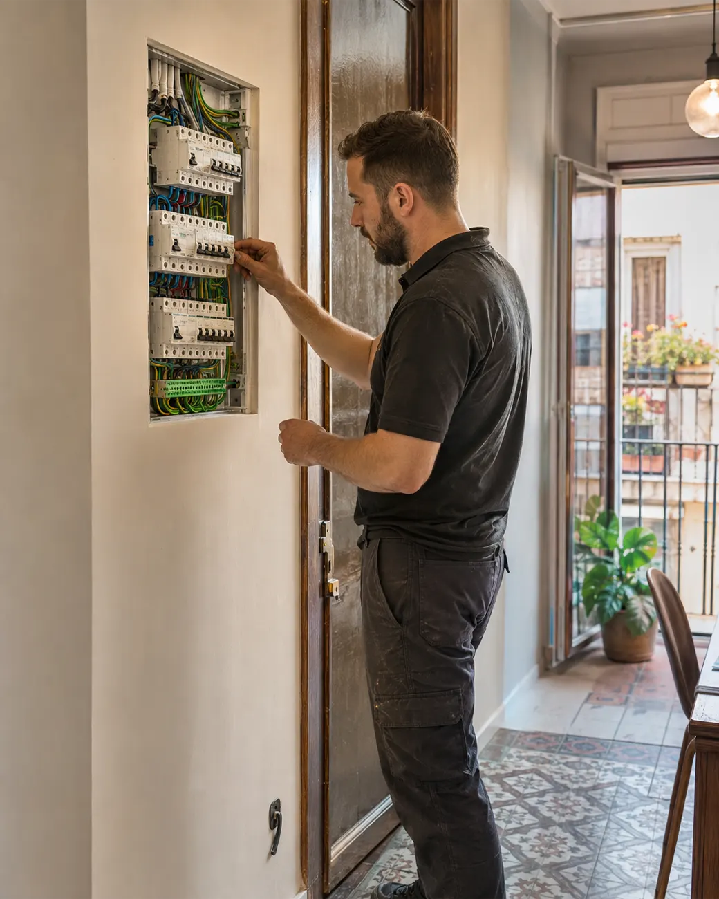 Electricista instalando cuadro eléctrico completo a altura de trabajo en piso de Gràcia