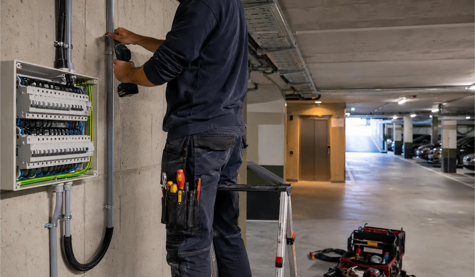Canalización eléctrica para punto de recarga de coche eléctrico en parking de Les Corts