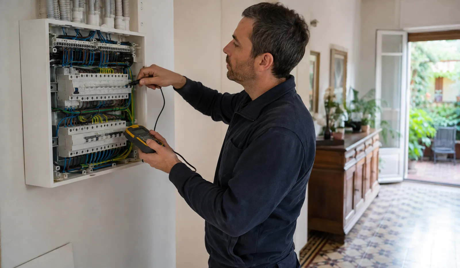 Electricista boletin electrico Sant Andreu midiendo diferencial y circuitos en vivienda reformada